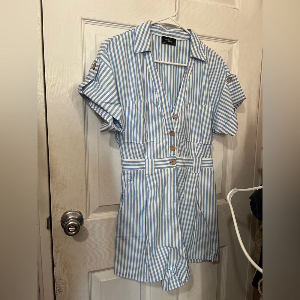 Blue and White Striped Button-Up Romper